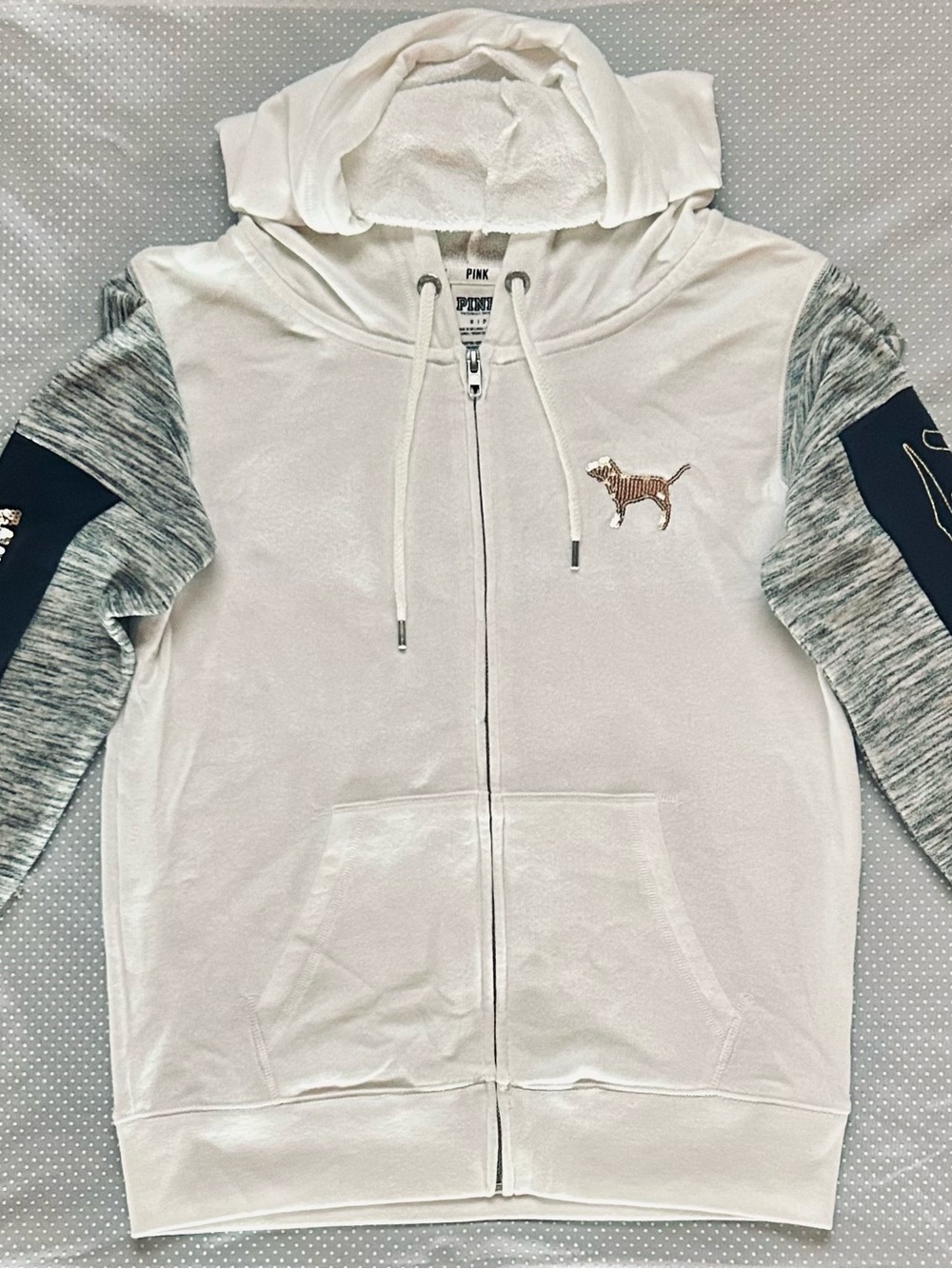 PINK Victoria's Secret Women’s White & Gray Zip Hoodie with Dog Logo